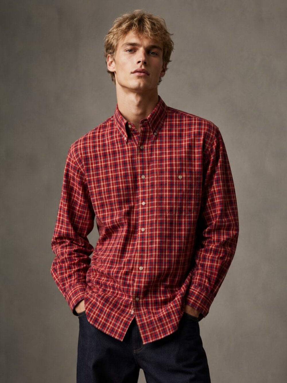 Plaid Shirt Red Button-Down Casual L